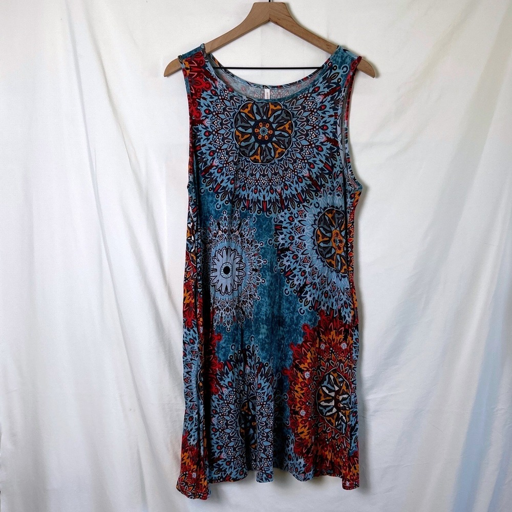 BISHUIGE Women Sleeveless Tunic Top Dress Blue Size 2XL Lagenlook Boho Festival
